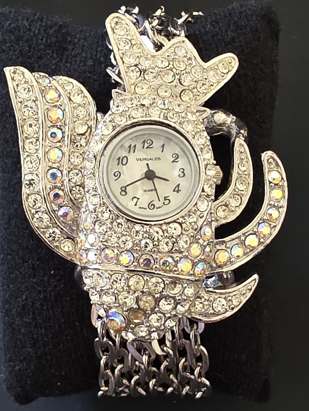 VTG RARE Versales Fish Rhinestone AB Stones Mother Of Pearl Dial Watch WORKS